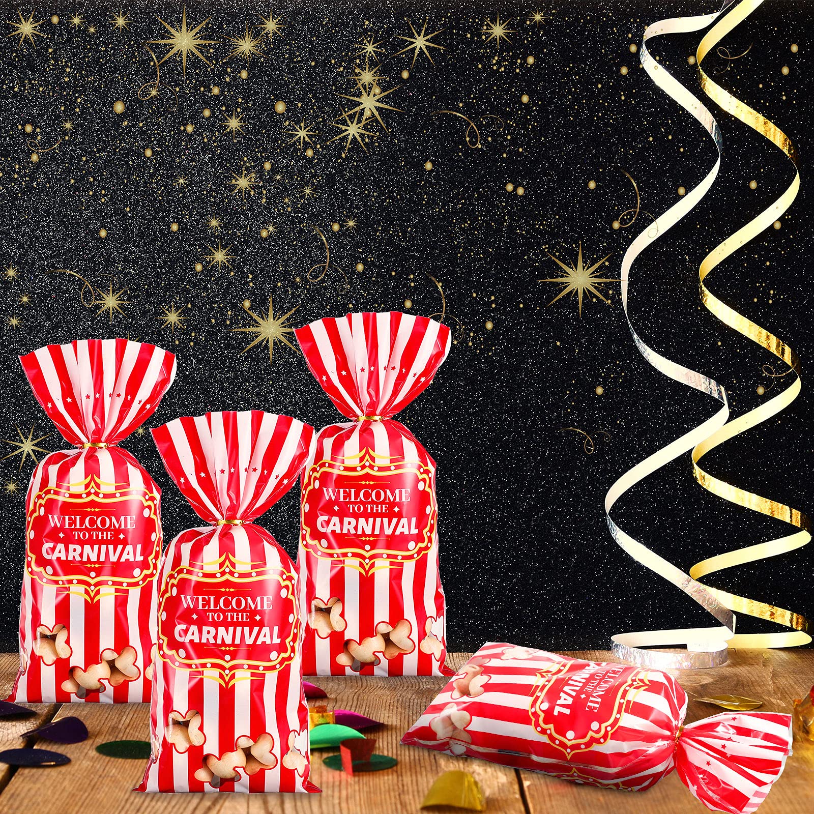 Carnival Candy Bags Circus Plastic Bags Carnival Party Treat Bags Popcorn Pattern Party Bags Goody Bags with 100 Gold Twisted Ties for Party Favor Supply Cookie Cupcake Wrapping(Simple,100 Packs)