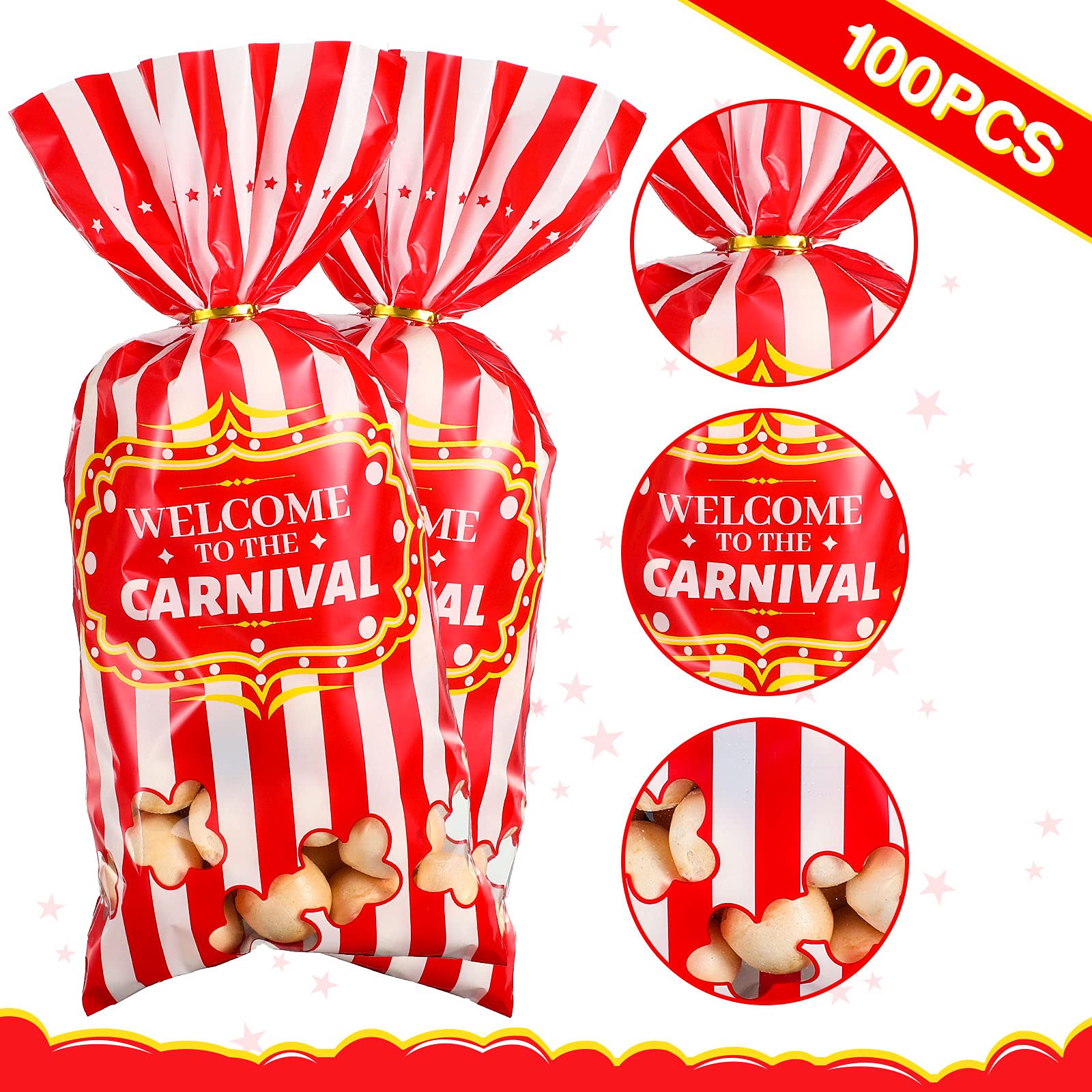 Carnival Candy Bags Circus Plastic Bags Carnival Party Treat Bags Popcorn Pattern Party Bags Goody Bags with 100 Gold Twisted Ties for Party Favor Supply Cookie Cupcake Wrapping(Simple,100 Packs)