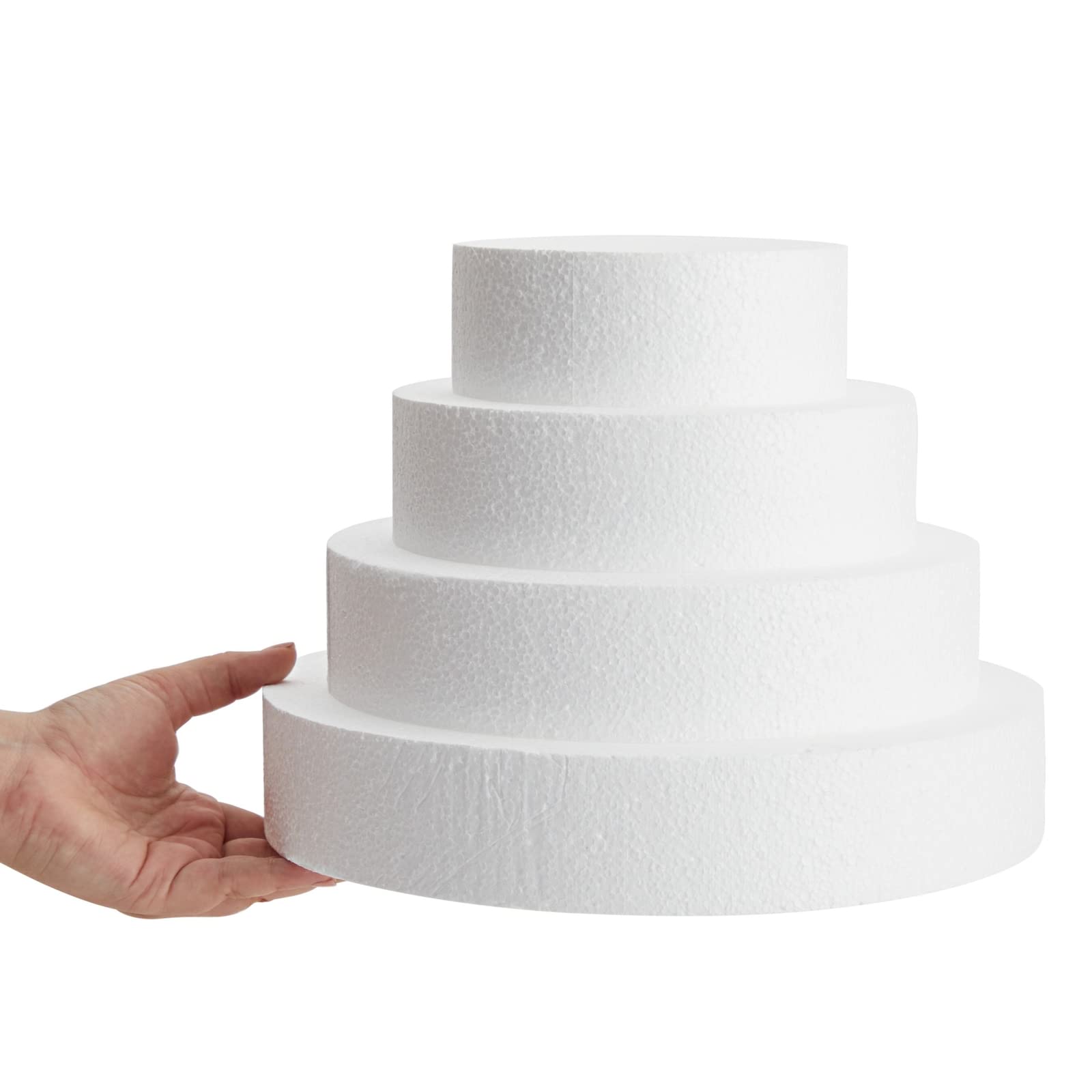 Bright Creations 4 Piece White Round Cake Dummy Tier Set, Foam Fake Cake in 4 Sizes for Decorating and Crafts, Baking Displays, Wedding Cake Design, Birthday Cakes, Parties (6, 8, 10, and 12 in)