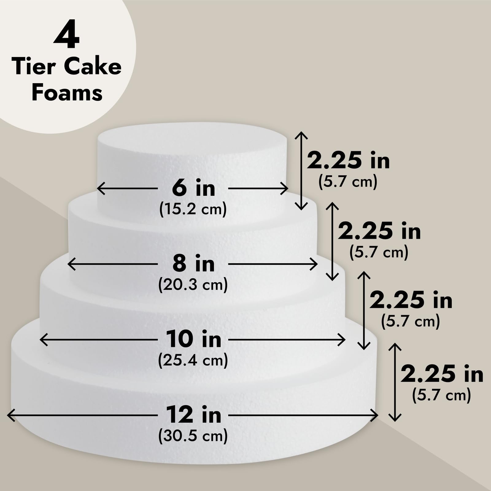 Bright Creations 4 Piece White Round Cake Dummy Tier Set, Foam Fake Cake in 4 Sizes for Decorating and Crafts, Baking Displays, Wedding Cake Design, Birthday Cakes, Parties (6, 8, 10, and 12 in)