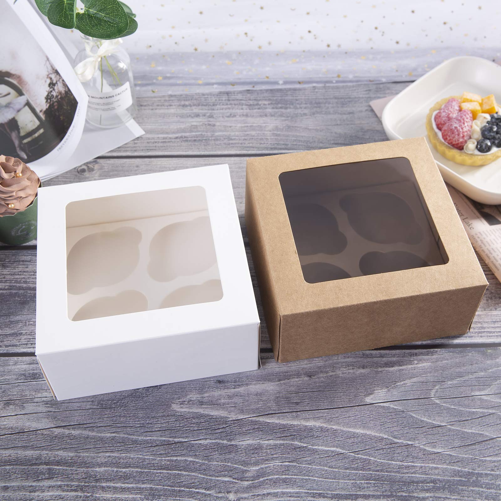 ONE MORE [15pcs] Kraft Paper Cupcake Boxes,Valentines Day Cookie Gift Boxes with Clear Window,Auto-Popup Cupcake Containers Carriers Bakery Cake Box with Insert 4 Cavity (Brown,15)