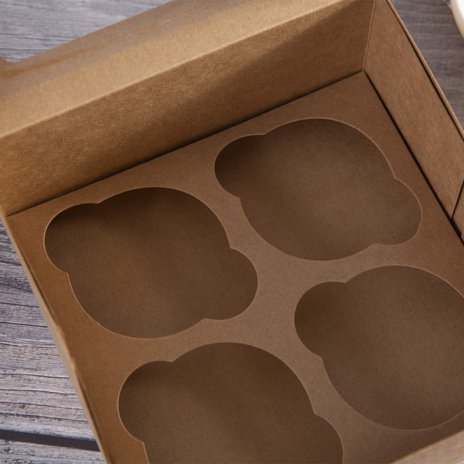 ONE MORE [15pcs] Kraft Paper Cupcake Boxes,Valentines Day Cookie Gift Boxes with Clear Window,Auto-Popup Cupcake Containers Carriers Bakery Cake Box with Insert 4 Cavity (Brown,15)