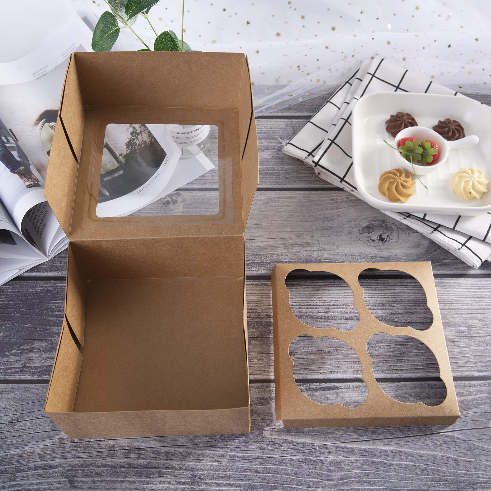 ONE MORE [15pcs] Kraft Paper Cupcake Boxes,Valentines Day Cookie Gift Boxes with Clear Window,Auto-Popup Cupcake Containers Carriers Bakery Cake Box with Insert 4 Cavity (Brown,15)