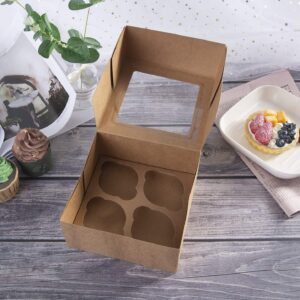 ONE MORE [15pcs] Kraft Paper Cupcake Boxes,Valentines Day Cookie Gift Boxes with Clear Window,Auto-Popup Cupcake Containers Carriers Bakery Cake Box with Insert 4 Cavity (Brown,15)