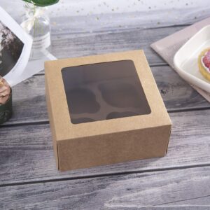 ONE MORE [15pcs] Kraft Paper Cupcake Boxes,Valentines Day Cookie Gift Boxes with Clear Window,Auto-Popup Cupcake Containers Carriers Bakery Cake Box with Insert 4 Cavity (Brown,15)