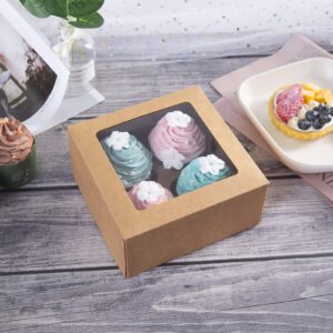 ONE MORE [15pcs] Kraft Paper Cupcake Boxes,Valentines Day Cookie Gift Boxes with Clear Window,Auto-Popup Cupcake Containers Carriers Bakery Cake Box with Insert 4 Cavity (Brown,15)