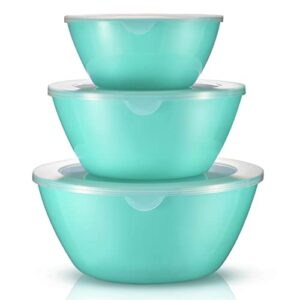 wehome mixing bowls with lids set，plastic mixing bowls for kitchen preparing，serving and storing，set of 3-includes 3 bowls and 3 lids，bpa-free neat nesting bowls with sealing lids (aqua)