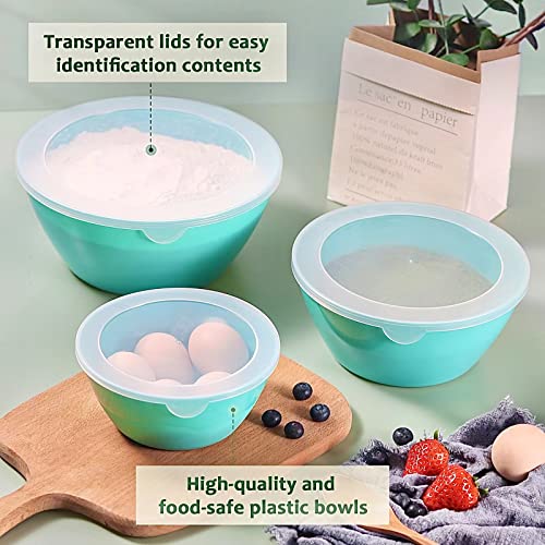 Wehome Mixing Bowls with Lids Set，Plastic Mixing Bowls for Kitchen Preparing，Serving and Storing，Set of 3-Includes 3 Bowls and 3 Lids，BPA-FREE Neat Nesting Bowls with Sealing Lids (Aqua)