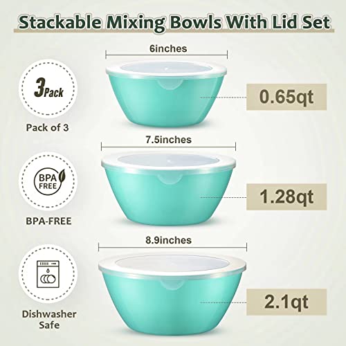 Wehome Mixing Bowls with Lids Set，Plastic Mixing Bowls for Kitchen Preparing，Serving and Storing，Set of 3-Includes 3 Bowls and 3 Lids，BPA-FREE Neat Nesting Bowls with Sealing Lids (Aqua)