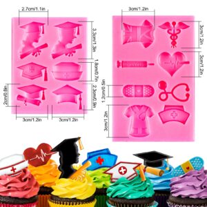 Whaline 2 Pack Nurse Graduation Themed Fondant Molds Silicone Doctor Nurse Grad Hat Medical Equipment Candy Mould Congrats Grad Chocolate Baking Resin Mold for Cupcake Cake Topper Decoration