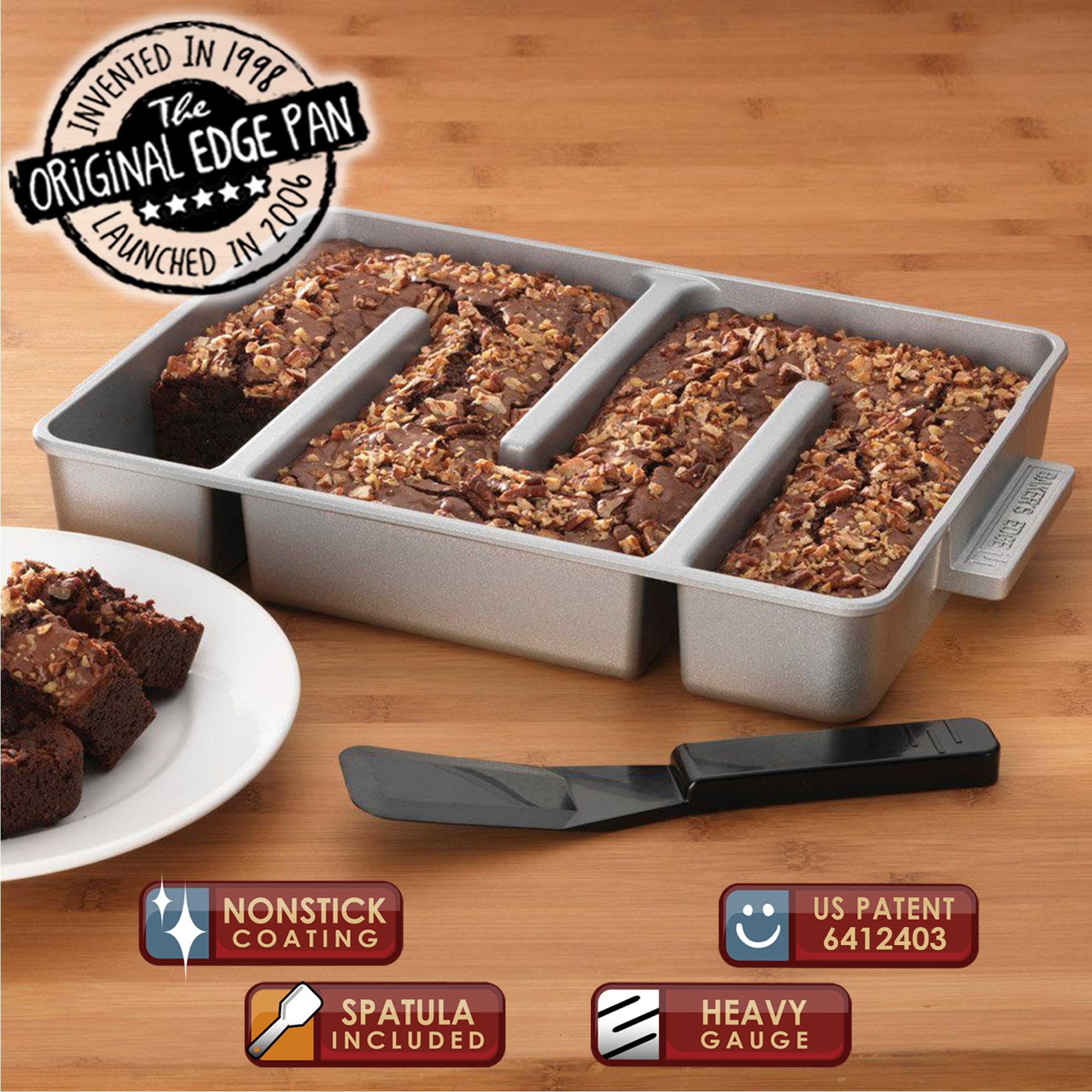 Baker's Edge Brownie Pan, The Original All Edges Brownie Pan for Baking | Premium Doble Nonstick Coating, Heavy Gauge Cast Aluminum Construction, Rectangular 9x12” Size Baking Pan - US Patented Design