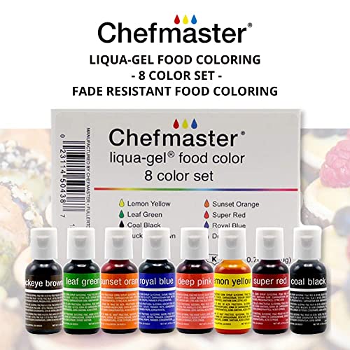 Chefmaster - Liqua-Gel Food Coloring - Fade Resistant Food Coloring - 8 Pack - Vibrant, Eye-Catching Colors, Easy-To-Blend Formula, Fade-Resistant - Made in the USA