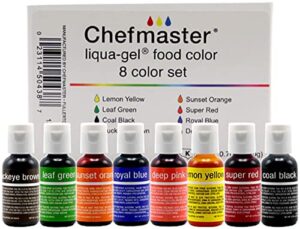 chefmaster - liqua-gel food coloring - fade resistant food coloring - 8 pack - vibrant, eye-catching colors, easy-to-blend formula, fade-resistant - made in the usa