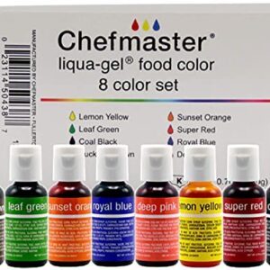 Chefmaster - Liqua-Gel Food Coloring - Fade Resistant Food Coloring - 8 Pack - Vibrant, Eye-Catching Colors, Easy-To-Blend Formula, Fade-Resistant - Made in the USA
