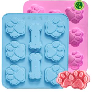 2 pcs silicone puppy treat molds, dog paw and bone mold ice cube mold, jelly, biscuits, chocolate, candy baking mold, oven microwave freezer dishwasher safe-pink & blue (2)