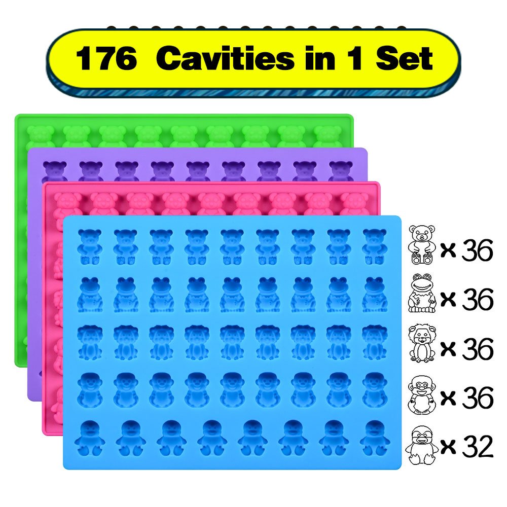 Silicone Candy Gummy Bear Molds - Chocolate Molds Including Bears, Frogs, Lions, Monkeys, Penguins Gummie Molds Premium Silicone BPA Free, Pack of 4 with 2 Droppers