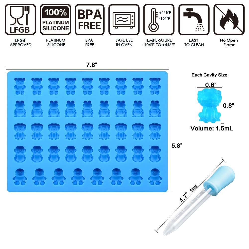 Silicone Candy Gummy Bear Molds - Chocolate Molds Including Bears, Frogs, Lions, Monkeys, Penguins Gummie Molds Premium Silicone BPA Free, Pack of 4 with 2 Droppers