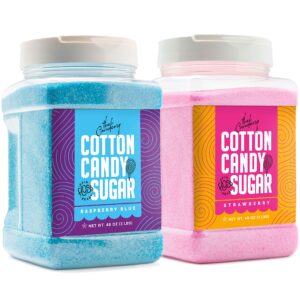 the candery cotton candy floss sugar (2-pack) includes | raspberry blue and strawberry | plastic, reusable jars | easy pour spout or scoop | 3 lbs jars