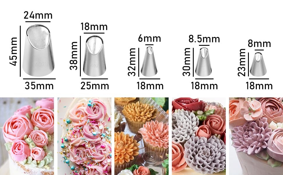 Dr.Pedi 5 Pieces Rose Flower Piping Tips Set Cake Decorating Tips Icing Piping Nozzles Set Cupcake Decorating Kit Cupcake Pastry Tool