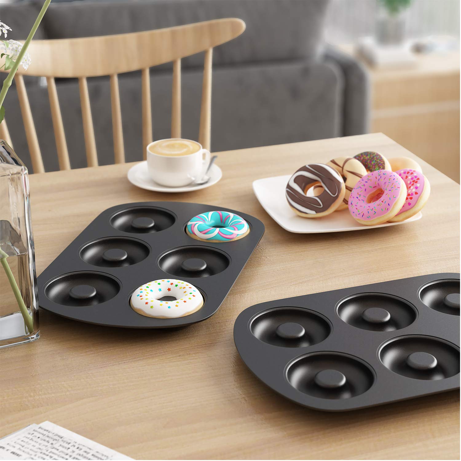 Tiawudi Non-Stick 6-Cavity Donut Baking Pans, Makes Individual Full-Sized 3 1/4" Donuts, Set of 2