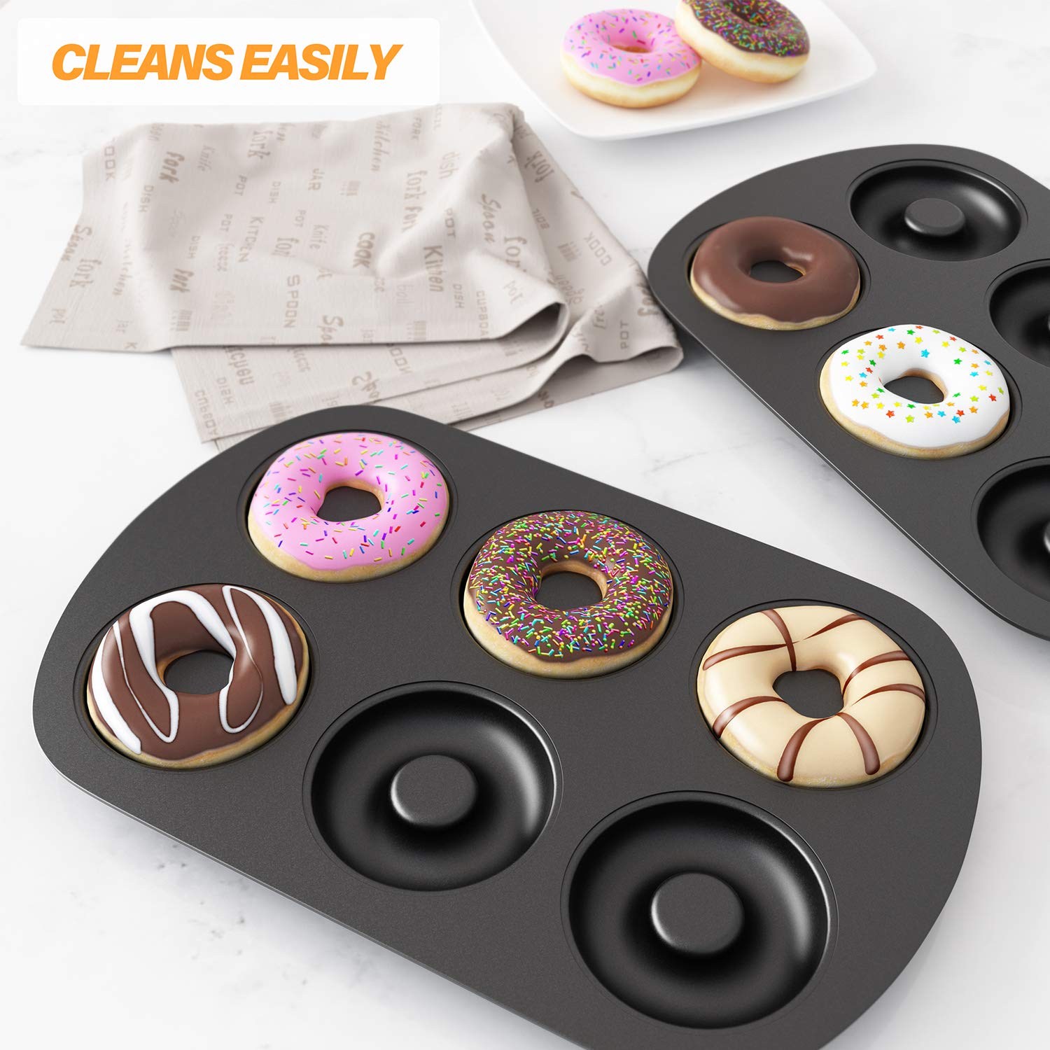 Tiawudi Non-Stick 6-Cavity Donut Baking Pans, Makes Individual Full-Sized 3 1/4" Donuts, Set of 2