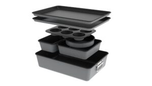nutrichef 8-piece nonstick stackable bakeware set - pfoa, pfos, ptfe free baking tray set w/non-stick coating, 450°f oven safe, round cake, loaf, muffin, wide/square pans, cookie sheet (gray)