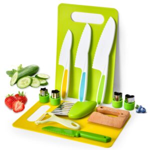 montessori kids knives for real cooking, 13 pieces wooden kids kitchen knife set include 4 serrated edges plastic toddler knife,crinkle cutter y peeler cutting boards and wood toddler safe knife