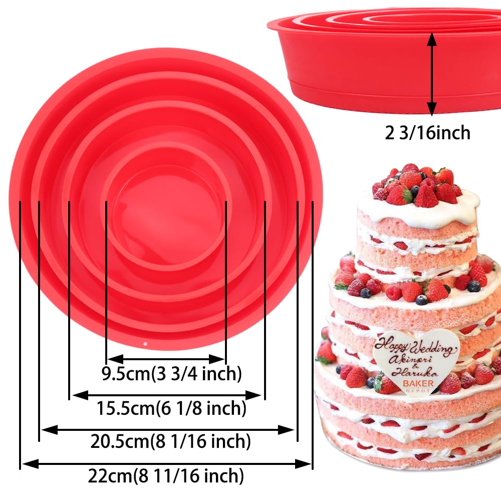 BAKER DEPOT Silicone Mould for Baking Nonstick Layer Cakes Bakeware Round Cake Pans Chocolate Rainbow Cake for Birthday Wedding Party 4 6 8 9 Inch Set of 4