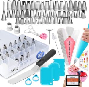 rfaqk 100pcs icing piping bags and tips set, 12 inch pastry bags with piping tips 48-numbered+ video course + booklet + e-book, cake decorating kit for cookie cupcake cake decoration