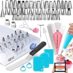 RFAQK 100PCs Icing Piping Bags and Tips Set, 12 Inch Pastry Bags with Piping Tips 48-Numbered+ Video Course + Booklet + E-book, Cake Decorating Kit for Cookie Cupcake Cake Decoration