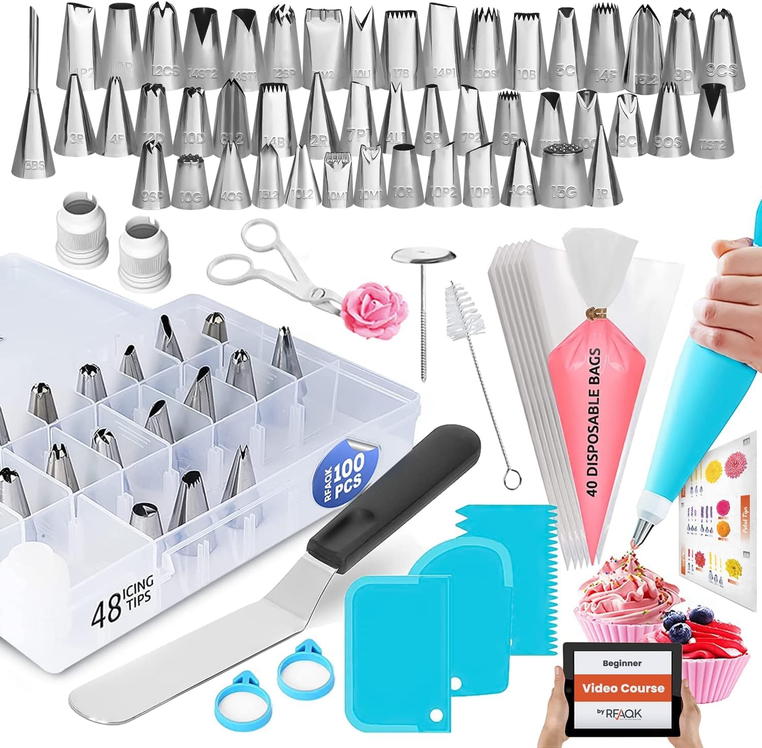 RFAQK 100PCs Icing Piping Bags and Tips Set, 12 Inch Pastry Bags with Piping Tips 48-Numbered+ Video Course + Booklet + E-book, Cake Decorating Kit for Cookie Cupcake Cake Decoration