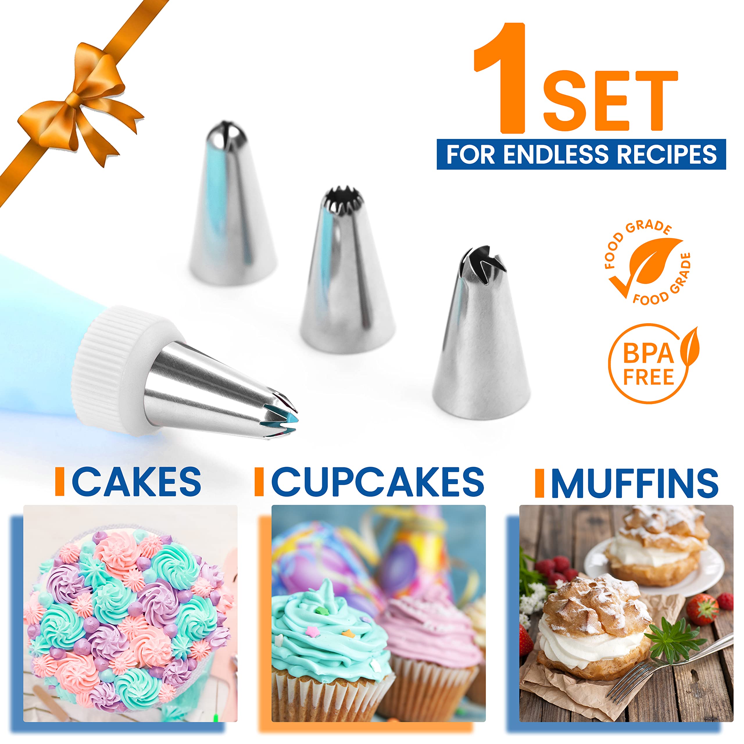 RFAQK 100PCs Icing Piping Bags and Tips Set, 12 Inch Pastry Bags with Piping Tips 48-Numbered+ Video Course + Booklet + E-book, Cake Decorating Kit for Cookie Cupcake Cake Decoration