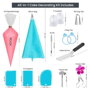 RFAQK 100PCs Icing Piping Bags and Tips Set, 12 Inch Pastry Bags with Piping Tips 48-Numbered+ Video Course + Booklet + E-book, Cake Decorating Kit for Cookie Cupcake Cake Decoration