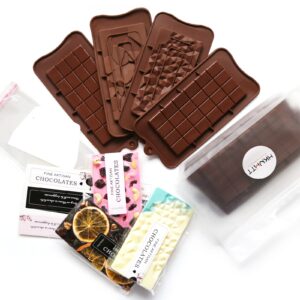 chocolate candy bar mold silicone with 50 clear wrappers/stickers/plastic scraper and reusable storage bag, lover mothers fathers valentine's day diy chocolate molds gift