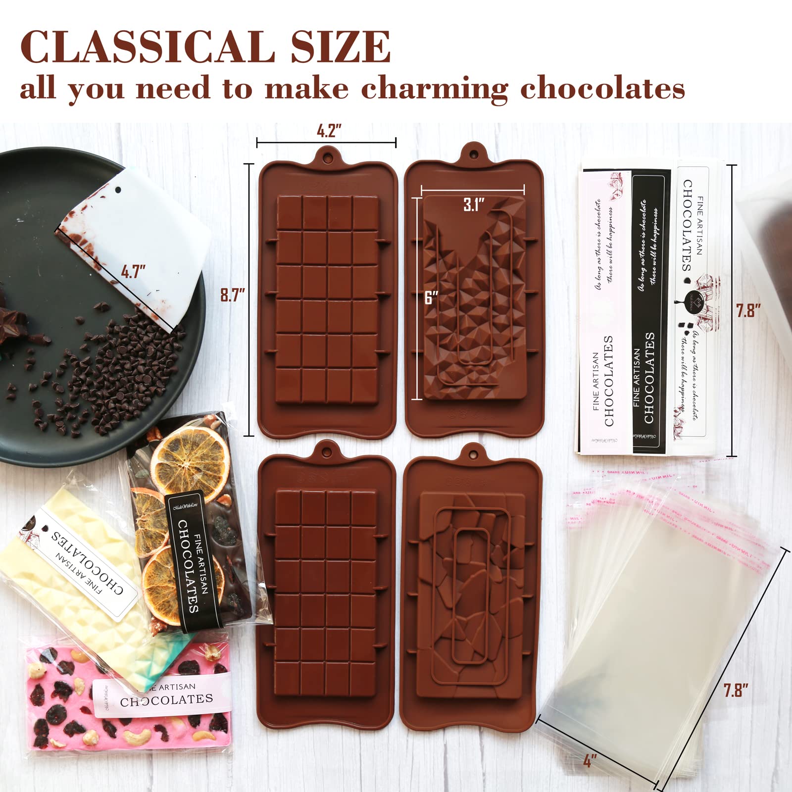 Chocolate Candy Bar Mold Silicone with 50 Clear Wrappers/Stickers/Plastic Scraper and Reusable Storage Bag, Lover Mothers Fathers Valentine's Day DIY Chocolate Molds Gift