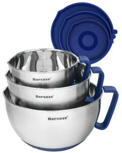 rorence mixing bowls set: stainless steel non-slip bowls with pour spout, handle and lid - set of 3 - blue