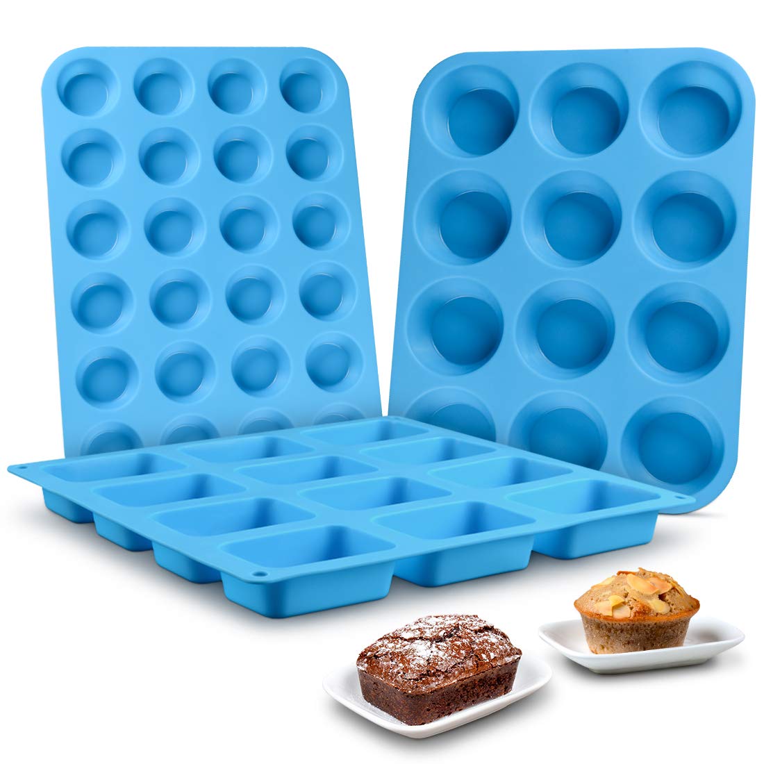 CAKETIME Silicone Muffin Pan - Cupcake Pan, Mini Loaf Pan Silicone Baking Molds Food Grade BPA Free 3-Pack