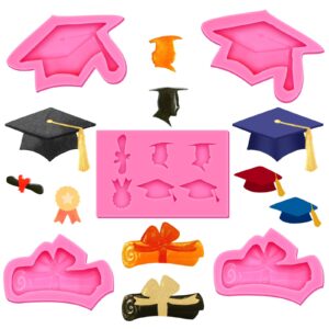 5 Pieces 2024 Graduation Silicone Mold Set Graduation Kitchen Baking Mold Chocolate Candy Fondant Mold Grad Cap Diploma Scroll Chocolate Silicone Mold for Grad Party Cake Cupcake Topper Decoration