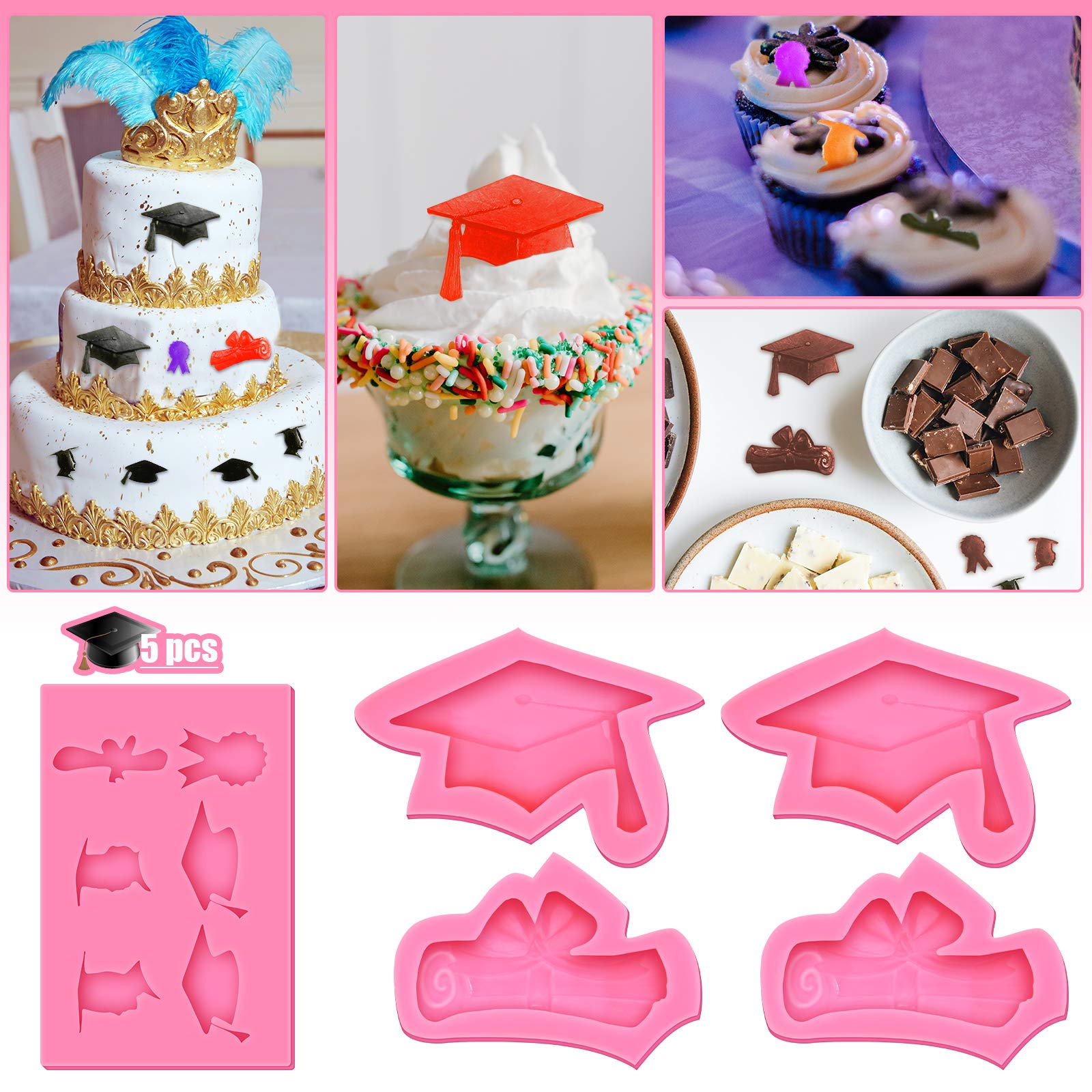 5 Pieces 2024 Graduation Silicone Mold Set Graduation Kitchen Baking Mold Chocolate Candy Fondant Mold Grad Cap Diploma Scroll Chocolate Silicone Mold for Grad Party Cake Cupcake Topper Decoration