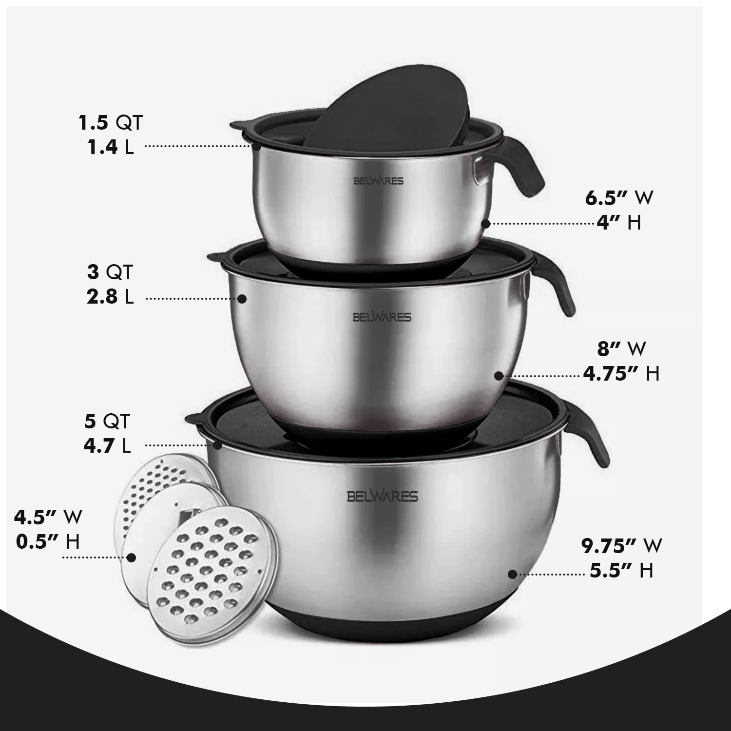 Belwares Mixing Bowls with Lids Set - Nesting Bowls with Graters, Handle, Pour Spout, Airtight Lids - Stainless Steel Non-Slip Mixing Bowl for Cooking, Baking, Prepping, Food Storage (Set of 3)