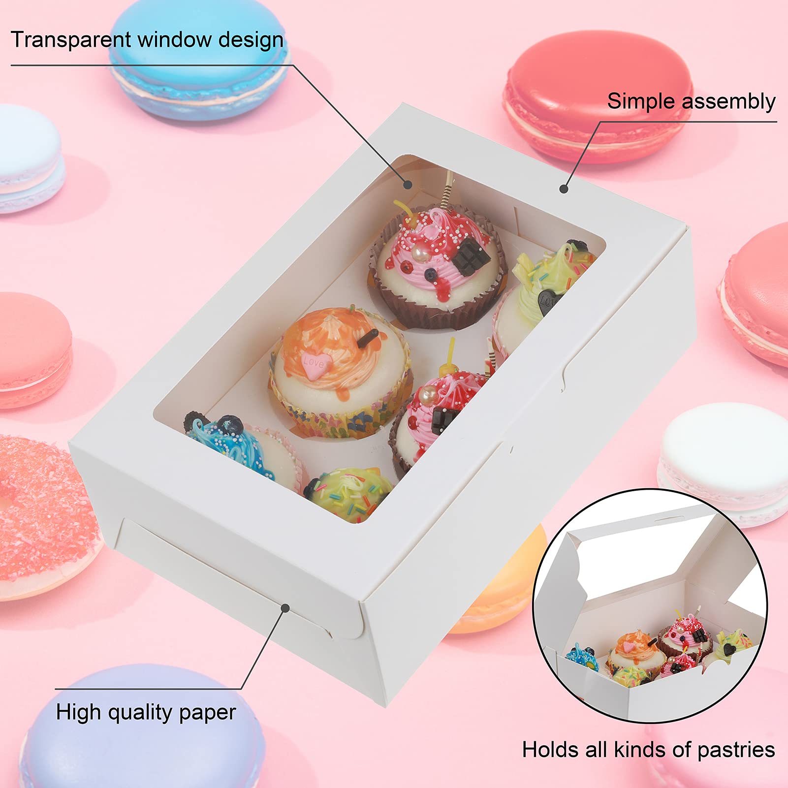 TONGDE Cupcake Boxes 30-Set with Inserts and Window Hold 6 Cupcakes, Food Grade Kraft Bakery Cake Boxes Pastry Holder with Ribbon for Cookie Mini Cake (White)