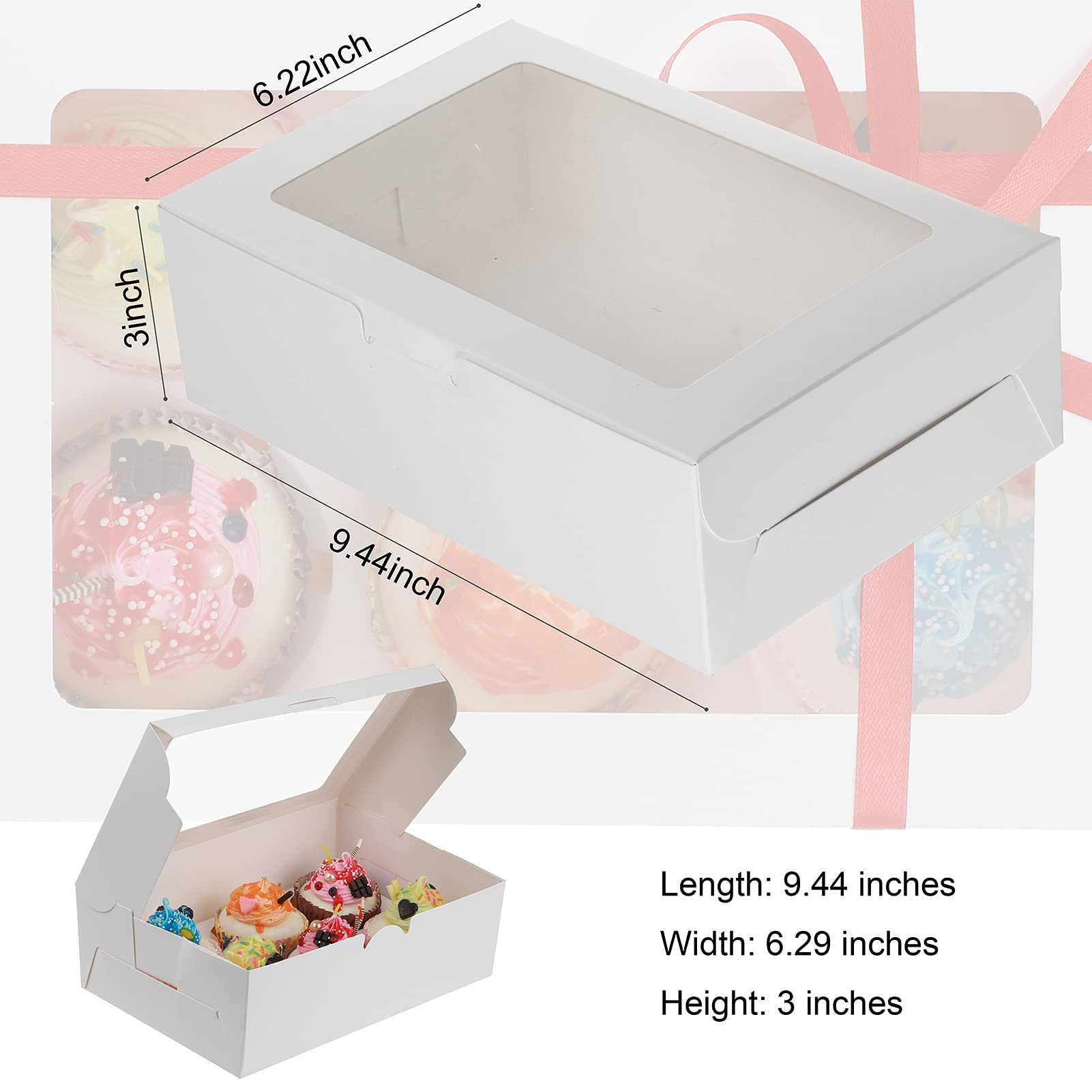 TONGDE Cupcake Boxes 30-Set with Inserts and Window Hold 6 Cupcakes, Food Grade Kraft Bakery Cake Boxes Pastry Holder with Ribbon for Cookie Mini Cake (White)