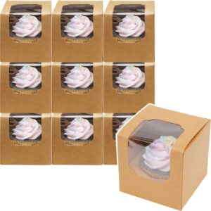 qiqee auto-pop up cupcake boxes 100-packs individual cupcake container brown kraft 3.5" x 3.5" x 3.5" single cupcake boxes
