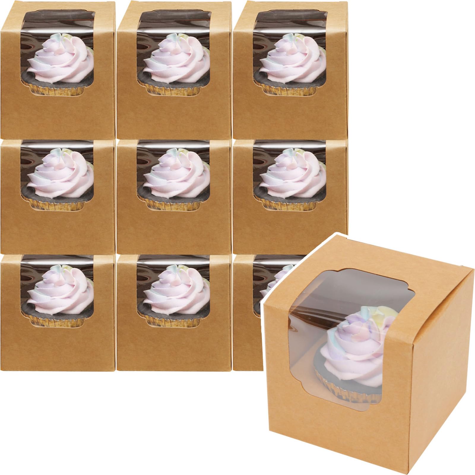 qiqee Auto-pop up Cupcake Boxes 100-Packs Individual Cupcake Container Brown Kraft 3.5" x 3.5" x 3.5" Single Cupcake Boxes