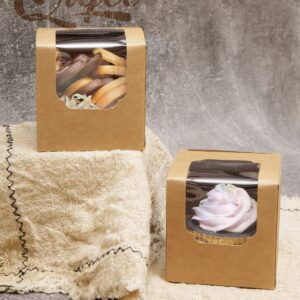 qiqee Auto-pop up Cupcake Boxes 100-Packs Individual Cupcake Container Brown Kraft 3.5" x 3.5" x 3.5" Single Cupcake Boxes