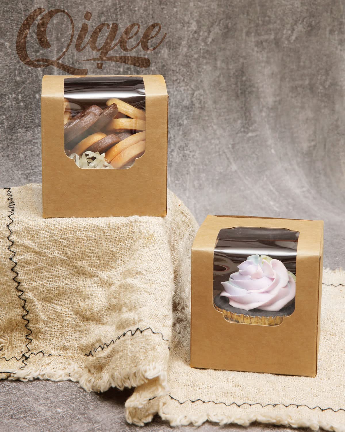 qiqee Auto-pop up Cupcake Boxes 100-Packs Individual Cupcake Container Brown Kraft 3.5" x 3.5" x 3.5" Single Cupcake Boxes