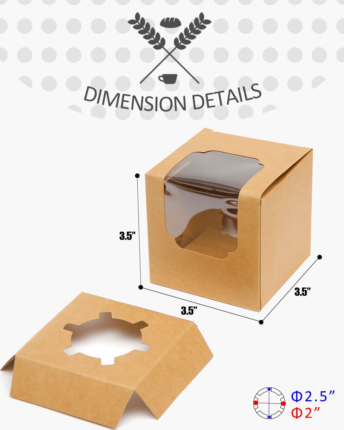 qiqee Auto-pop up Cupcake Boxes 100-Packs Individual Cupcake Container Brown Kraft 3.5" x 3.5" x 3.5" Single Cupcake Boxes