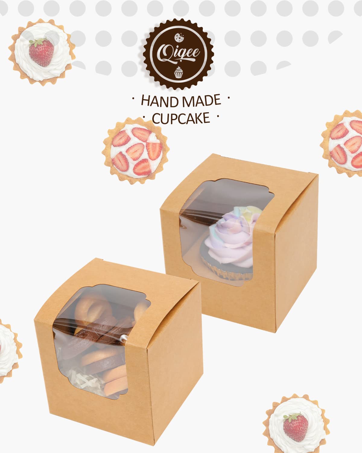 qiqee Auto-pop up Cupcake Boxes 100-Packs Individual Cupcake Container Brown Kraft 3.5" x 3.5" x 3.5" Single Cupcake Boxes