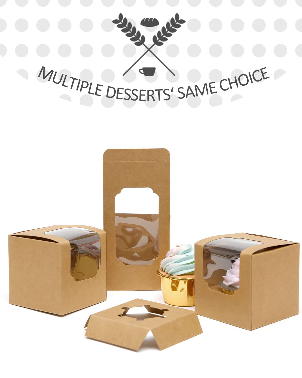 qiqee Auto-pop up Cupcake Boxes 100-Packs Individual Cupcake Container Brown Kraft 3.5" x 3.5" x 3.5" Single Cupcake Boxes