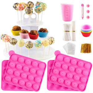 cake pop maker kit with 2 silicone mold sets with 3 tier cake stand, chocolate candy melts pot, silicone cupcake molds, paper lollipop sticks, decorating pen with 4 piping tips, bag and twist ties